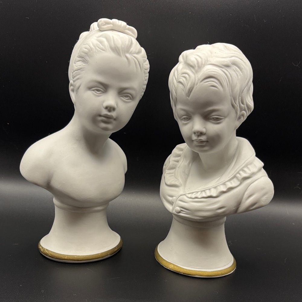 VTG 8" Matte White Bisque Classical Bust Sculptures with Gold Base - Pair